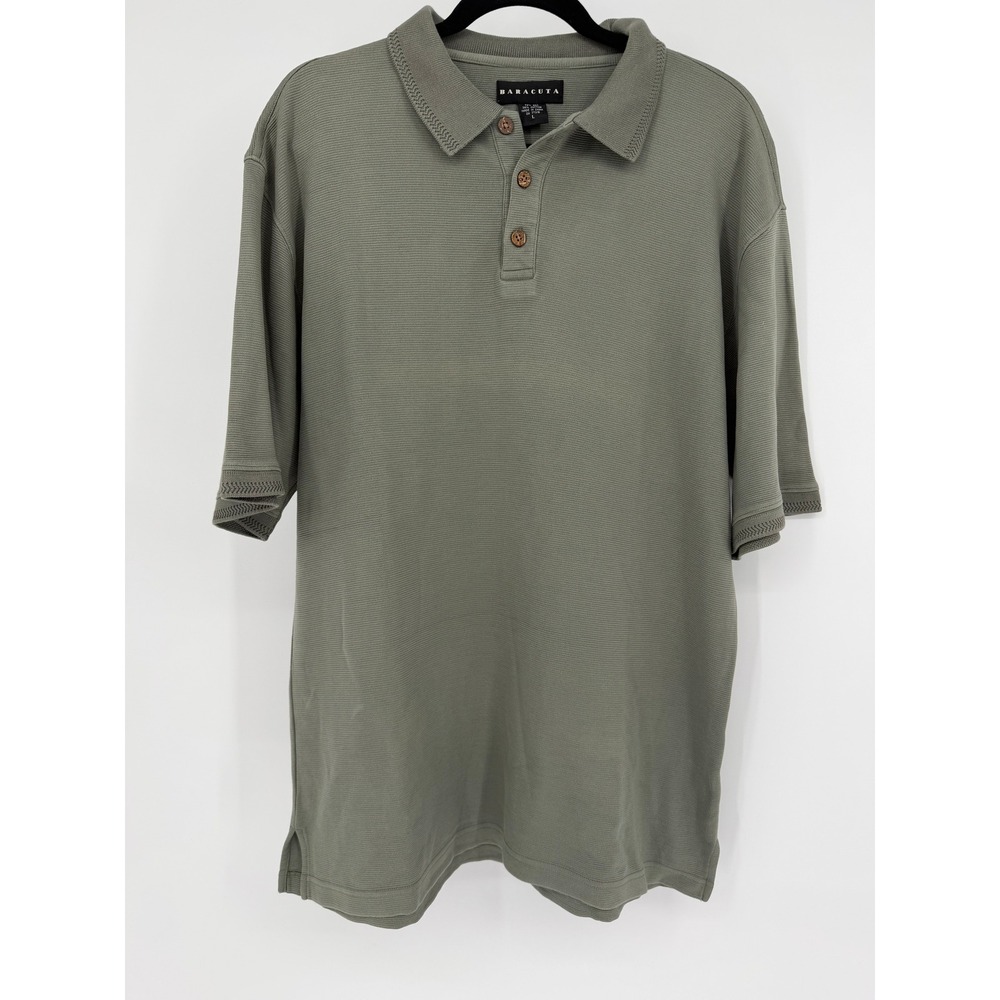 Baracuta Mens Silk Cotton Knit Polo Shirt Large Sage Green‎ Short Sleeve Ribbed